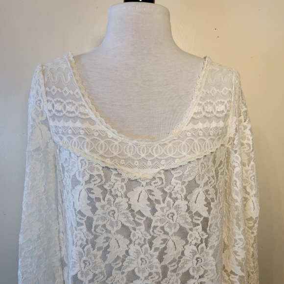 Free People (Women’s Small) Ivory Sheer Lace 3/4 Length Sleeve Baby Doll Blouse - Picture 2 of 8